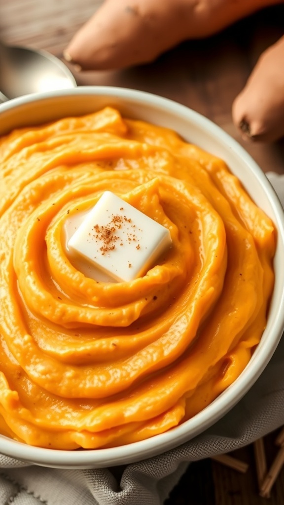 Instant Pot Mashed Sweet Potatoes Recipe Creamy mashed sweet potatoes with butter and cinnamon in a bowl on a rustic table.